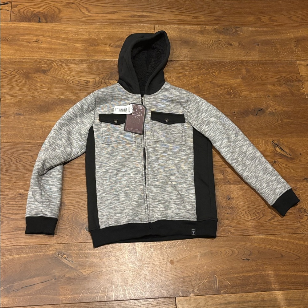 Men’s Fleece Lined Hooded Jacket, Medium, Grey/Black